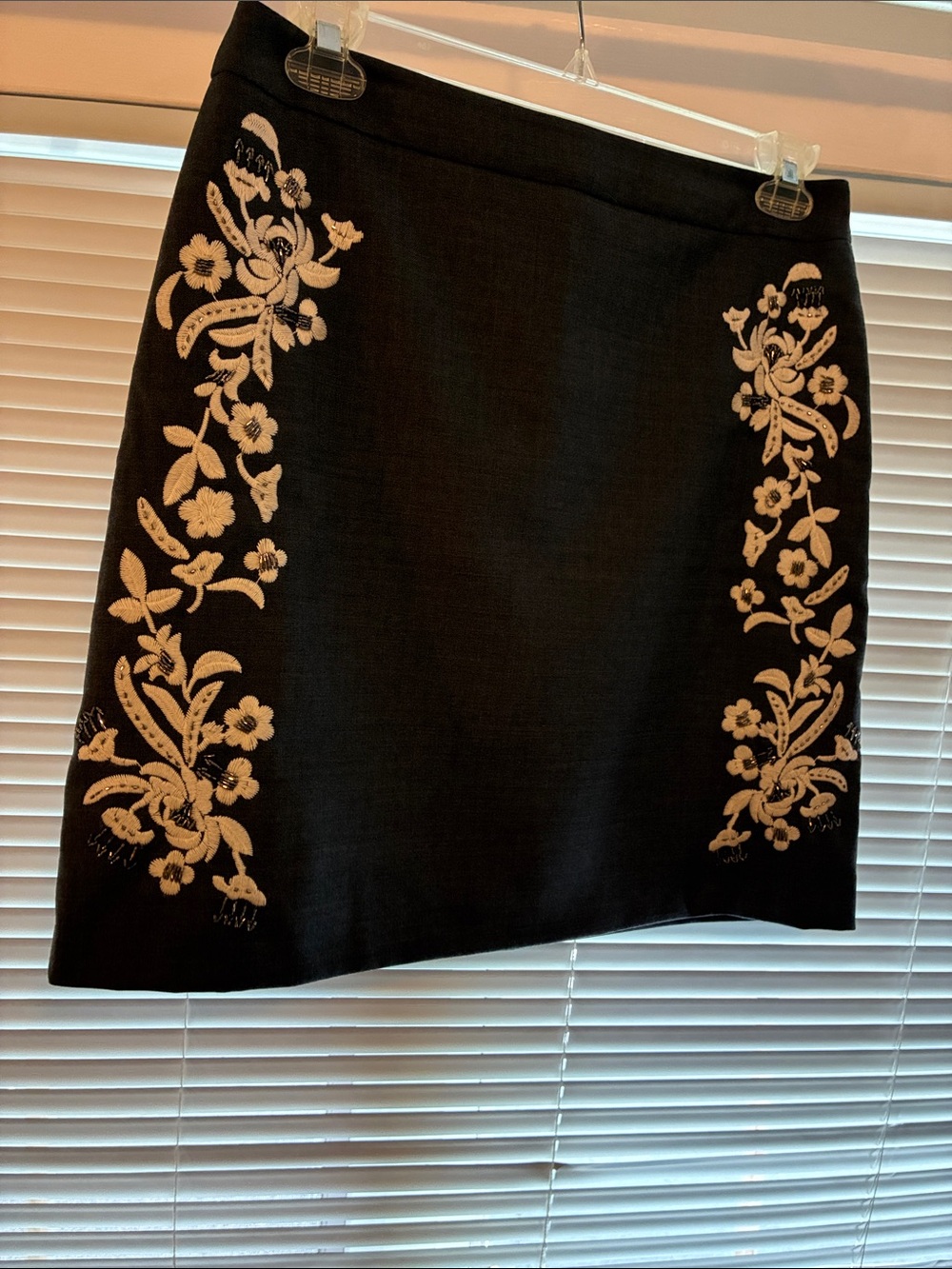 Brooks Brothers Charcoal A-Line Skirt with Cream Floral Embroidery and sequins
